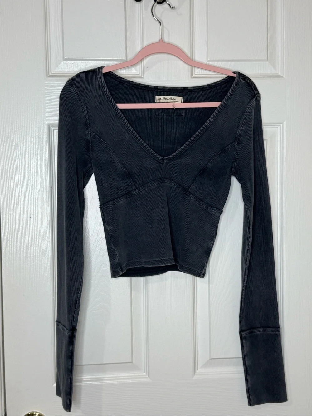 NWOT Free People Lightning Black V-Neck Long Sleeve Crop Top